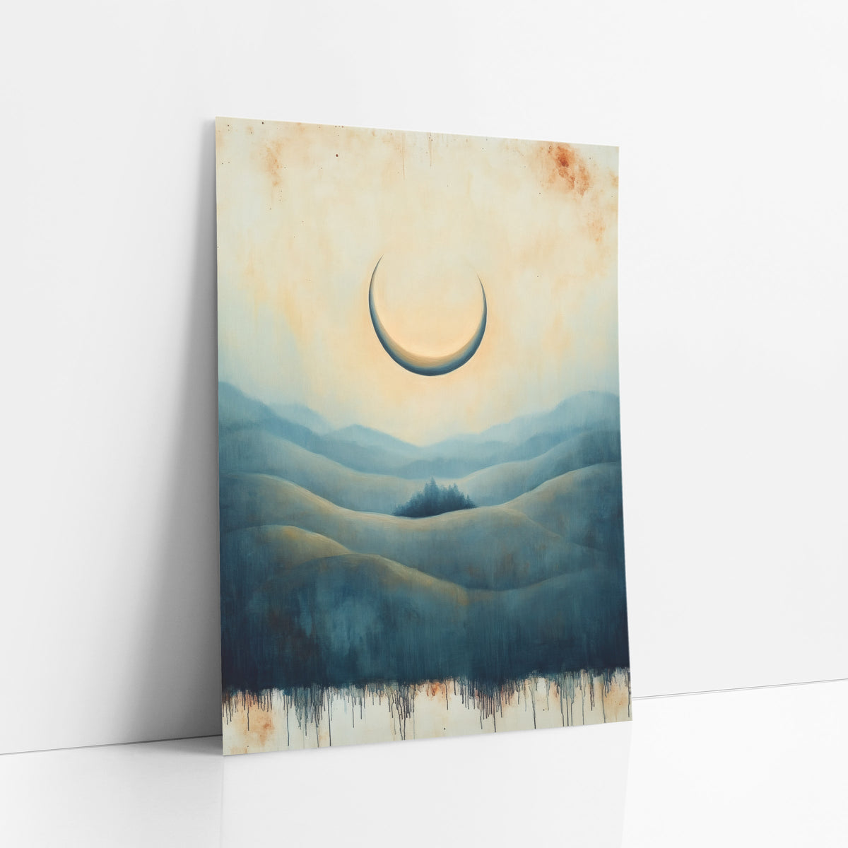Crescent Moon Over Blue Hills art print leaning against a white wall – pale crescent moon over layered teal and olive hills
