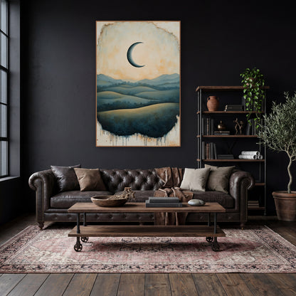 Crescent Moon Rolling Hills Landscape wall art in a moody dark academia room – dark crescent moon in a peach sky above