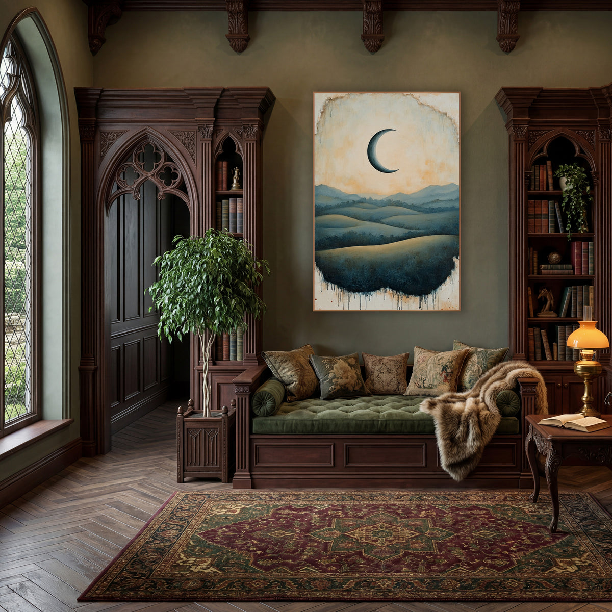Crescent Moon Rolling Hills Landscape wall art in a moody dark academia room – dark crescent moon in a peach sky above
