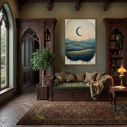Crescent Moon Rolling Hills Landscape wall art in a moody dark academia room – dark crescent moon in a peach sky above
