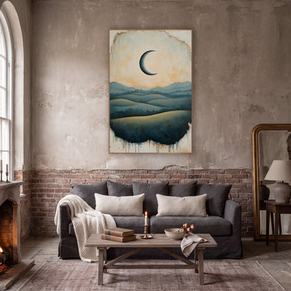 Crescent Moon Rolling Hills Landscape wall art in a moody dark academia room – dark crescent moon in a peach sky above
