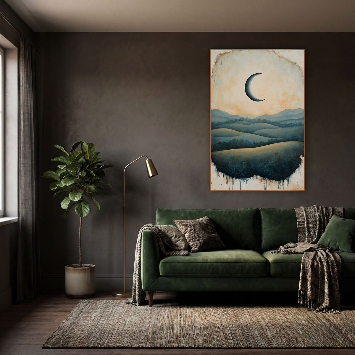 Crescent Moon Rolling Hills Landscape wall art in a moody dark academia room – dark crescent moon in a peach sky above