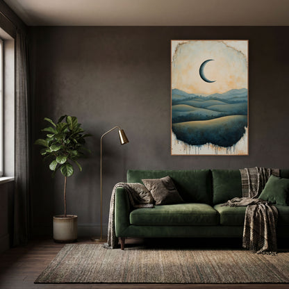 Crescent Moon Rolling Hills Landscape wall art in a moody dark academia room – dark crescent moon in a peach sky above
