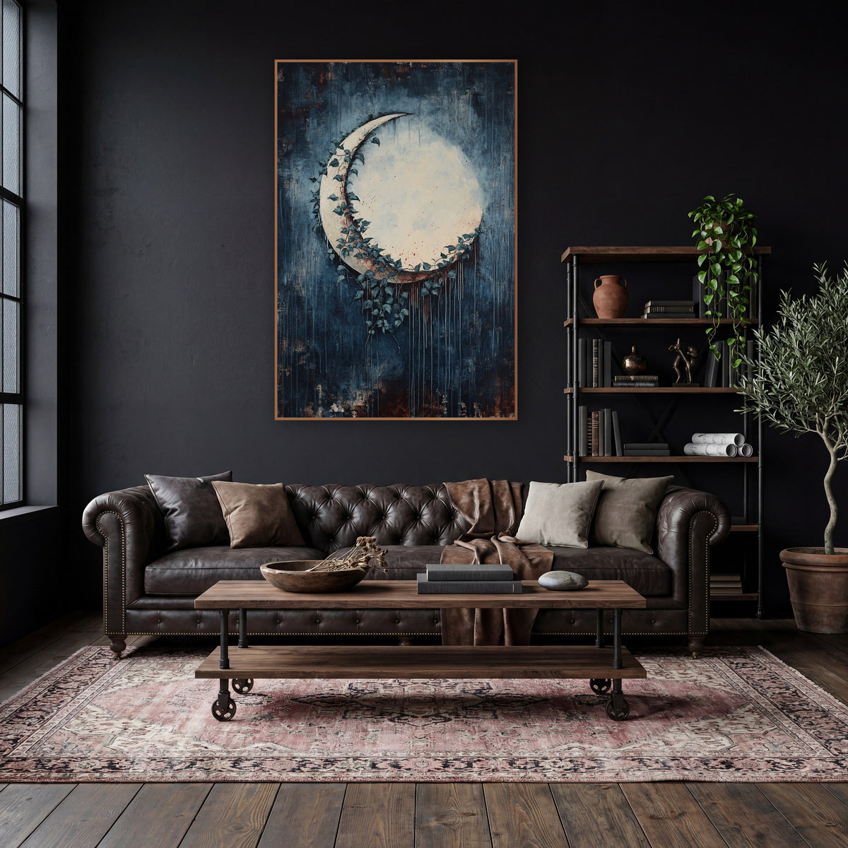 Ivy Crescent Moon Dark Academia wall art in a moody dark academia room – cream crescent moon wrapped in dark teal ivy