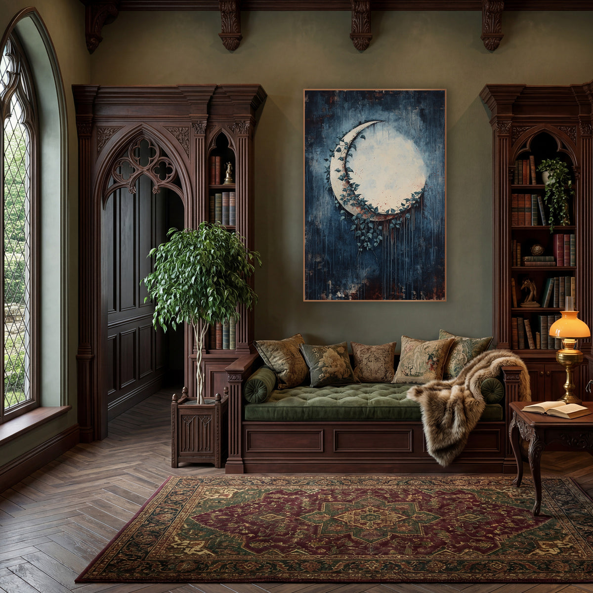 Ivy Crescent Moon Dark Academia wall art in a moody dark academia room – cream crescent moon wrapped in dark teal ivy