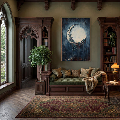 Ivy Crescent Moon Dark Academia wall art in a moody dark academia room – cream crescent moon wrapped in dark teal ivy