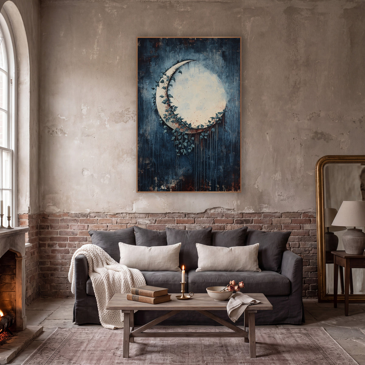 Ivy Crescent Moon Dark Academia wall art in a moody dark academia room – cream crescent moon wrapped in dark teal ivy