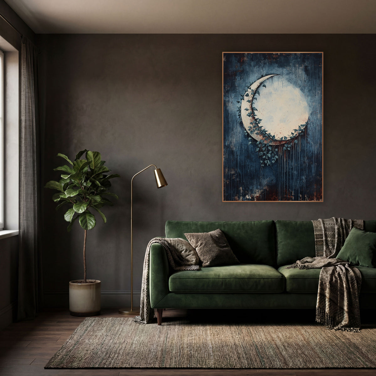 Ivy Crescent Moon Dark Academia wall art in a moody dark academia room – cream crescent moon wrapped in dark teal ivy