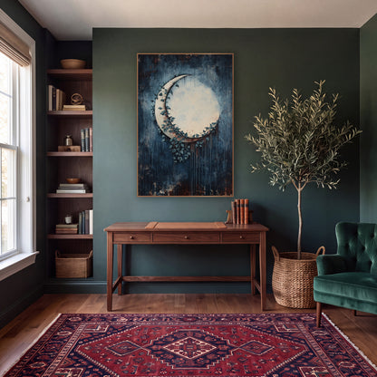 Ivy Crescent Moon Dark Academia wall art in a moody dark academia room – cream crescent moon wrapped in dark teal ivy