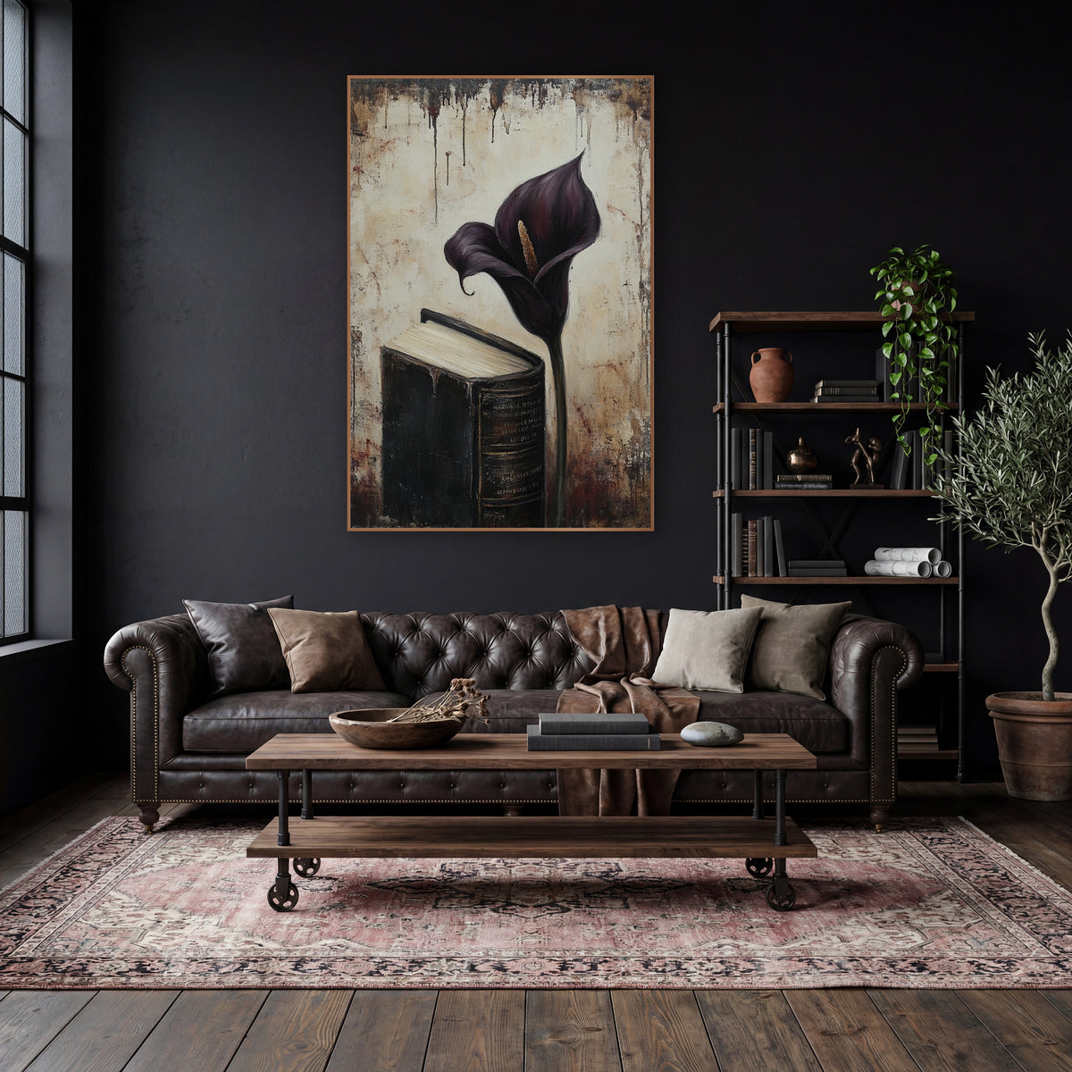 Upright Calla Beside Tome Moody wall art in a moody dark academia room – deep plum calla lily beside a thick black