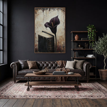 Upright Calla Beside Tome Moody wall art in a moody dark academia room – deep plum calla lily beside a thick black
