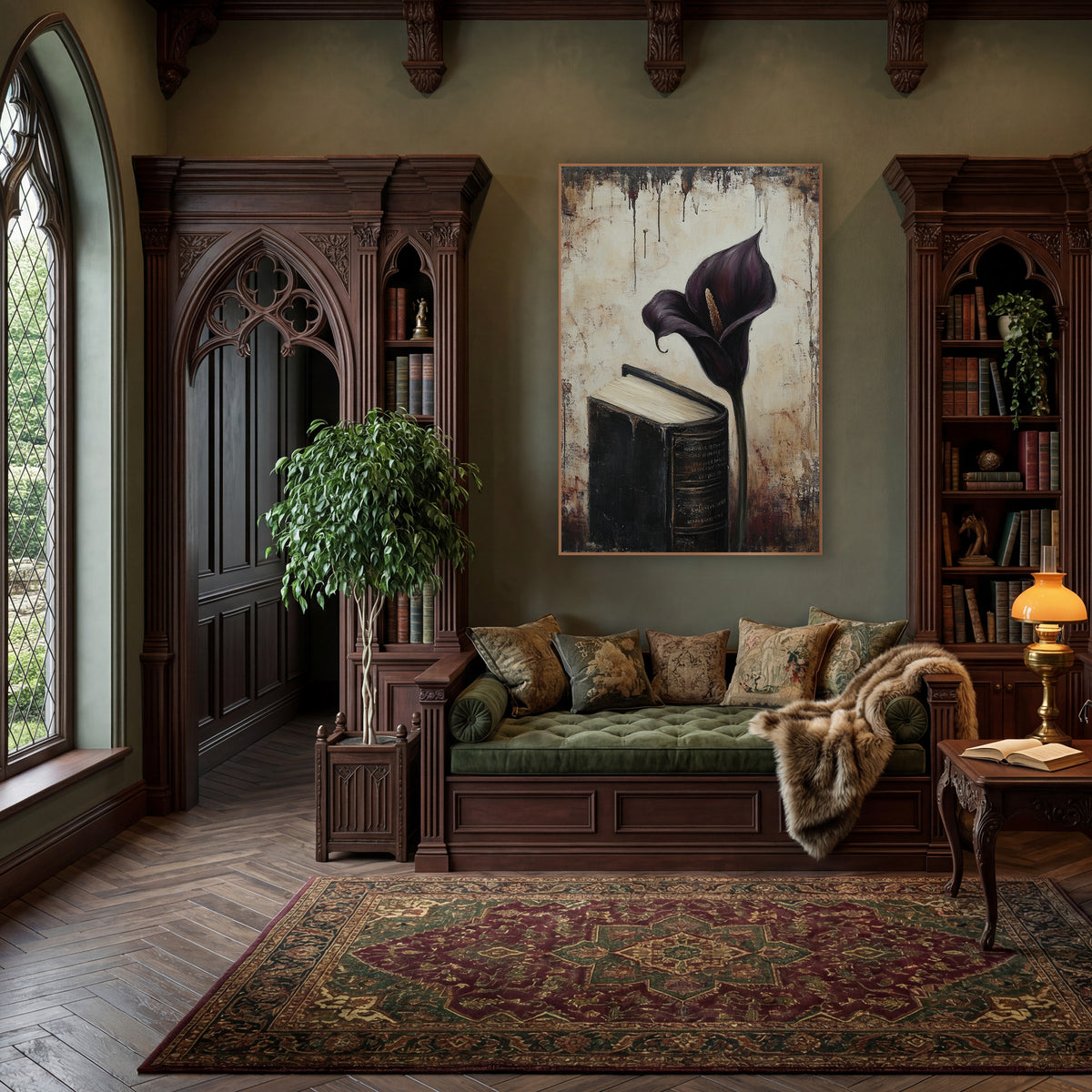 Upright Calla Beside Tome Moody wall art in a moody dark academia room – deep plum calla lily beside a thick black