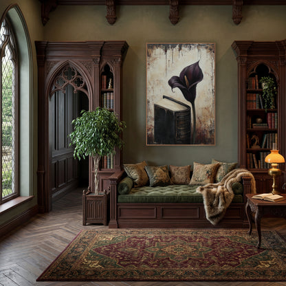 Upright Calla Beside Tome Moody wall art in a moody dark academia room – deep plum calla lily beside a thick black