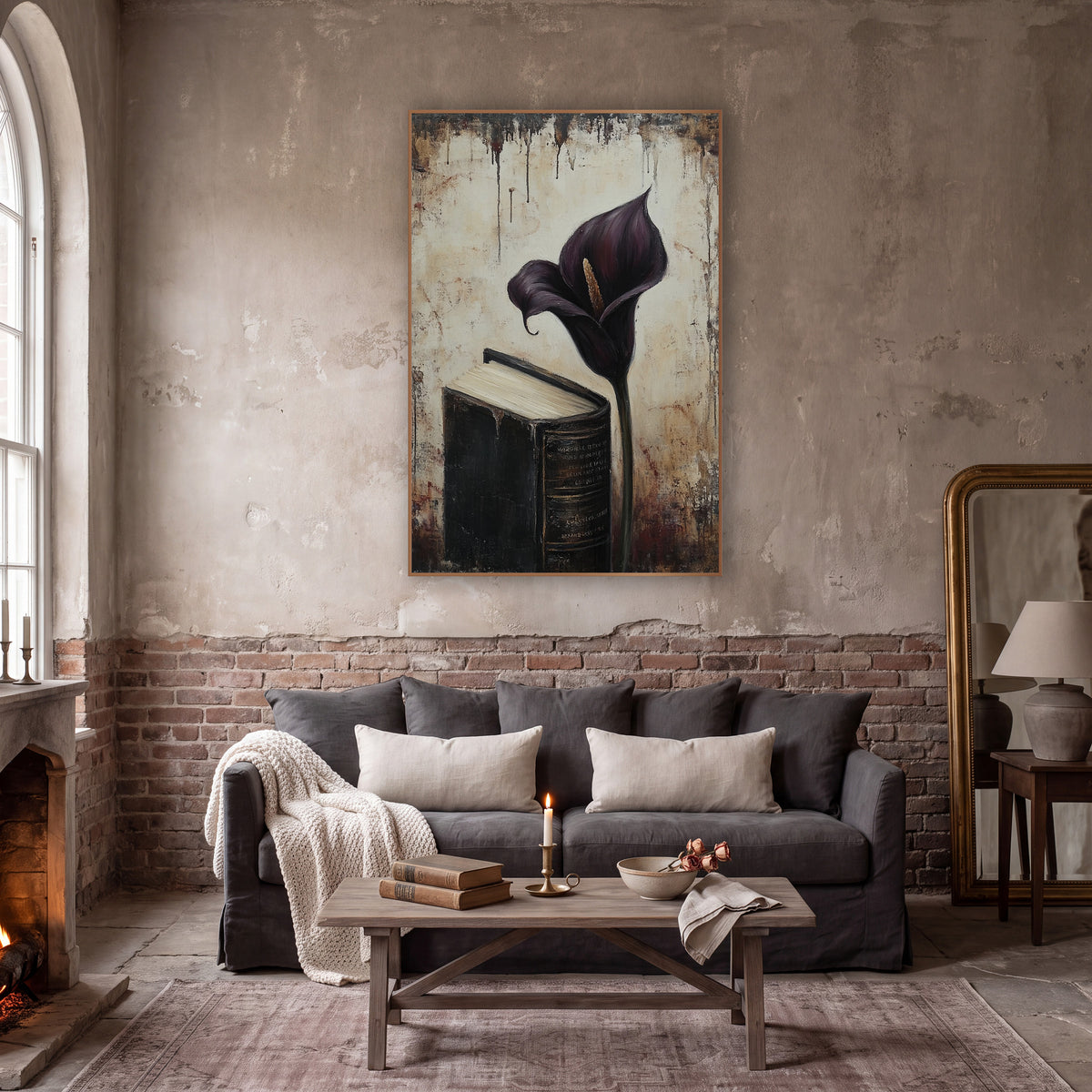 Upright Calla Beside Tome Moody wall art in a moody dark academia room – deep plum calla lily beside a thick black