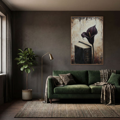 Upright Calla Beside Tome Moody wall art in a moody dark academia room – deep plum calla lily beside a thick black