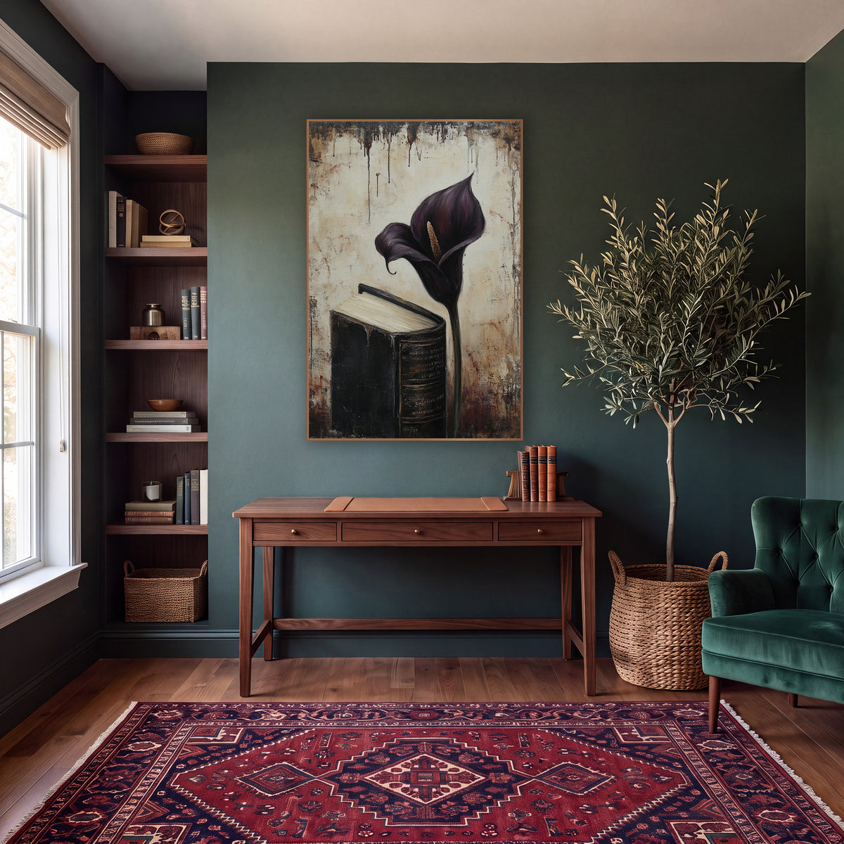 Upright Calla Beside Tome Moody wall art in a moody dark academia room – deep plum calla lily beside a thick black