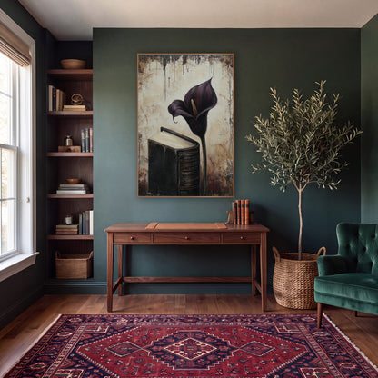 Upright Calla Beside Tome Moody wall art in a moody dark academia room – deep plum calla lily beside a thick black