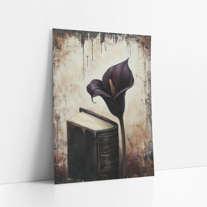 Upright Calla Beside Tome Moody art print leaning against a white wall – deep plum calla lily beside a thick black book