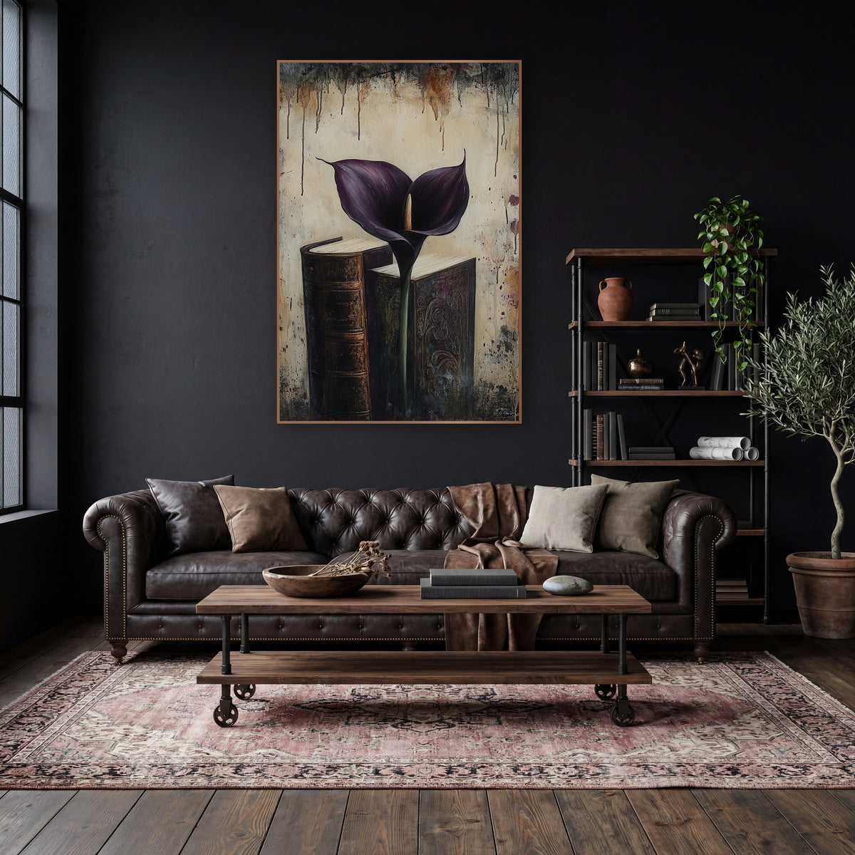 Dark Plum Calla Lily Books wall art in a moody dark academia room – dark purple calla lily standing between two old
