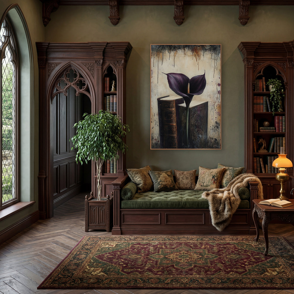 Dark Plum Calla Lily Books wall art in a moody dark academia room – dark purple calla lily standing between two old