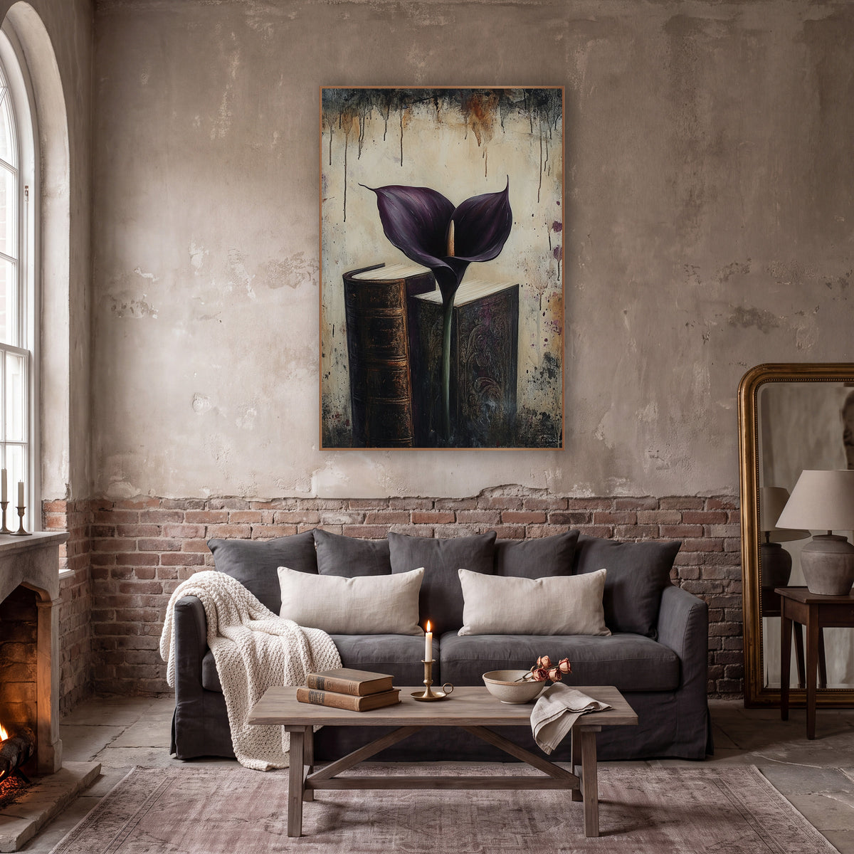Dark Plum Calla Lily Books wall art in a moody dark academia room – dark purple calla lily standing between two old