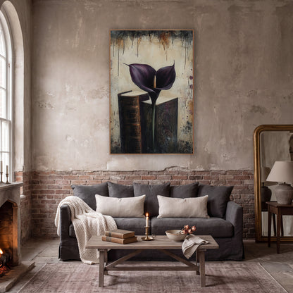 Dark Plum Calla Lily Books wall art in a moody dark academia room – dark purple calla lily standing between two old