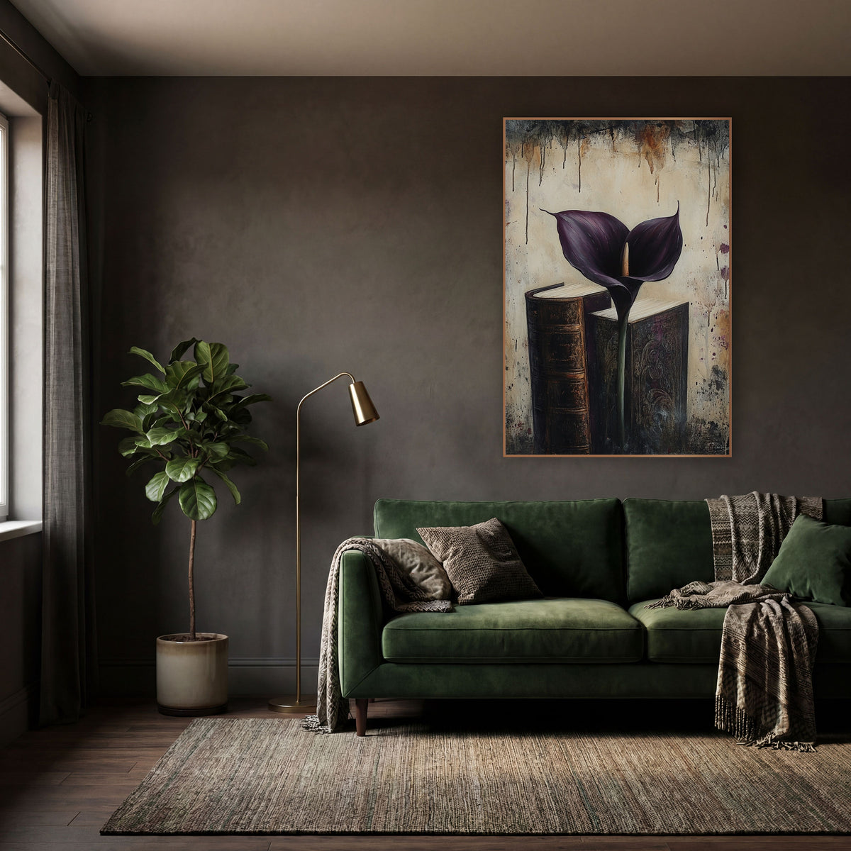 Dark Plum Calla Lily Books wall art in a moody dark academia room – dark purple calla lily standing between two old