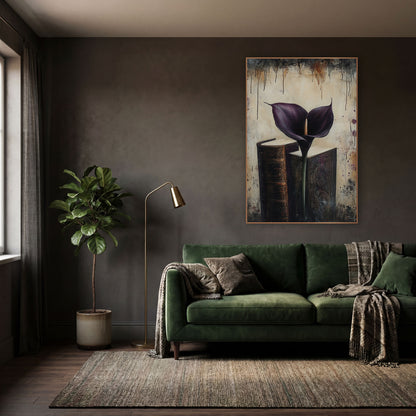 Dark Plum Calla Lily Books wall art in a moody dark academia room – dark purple calla lily standing between two old