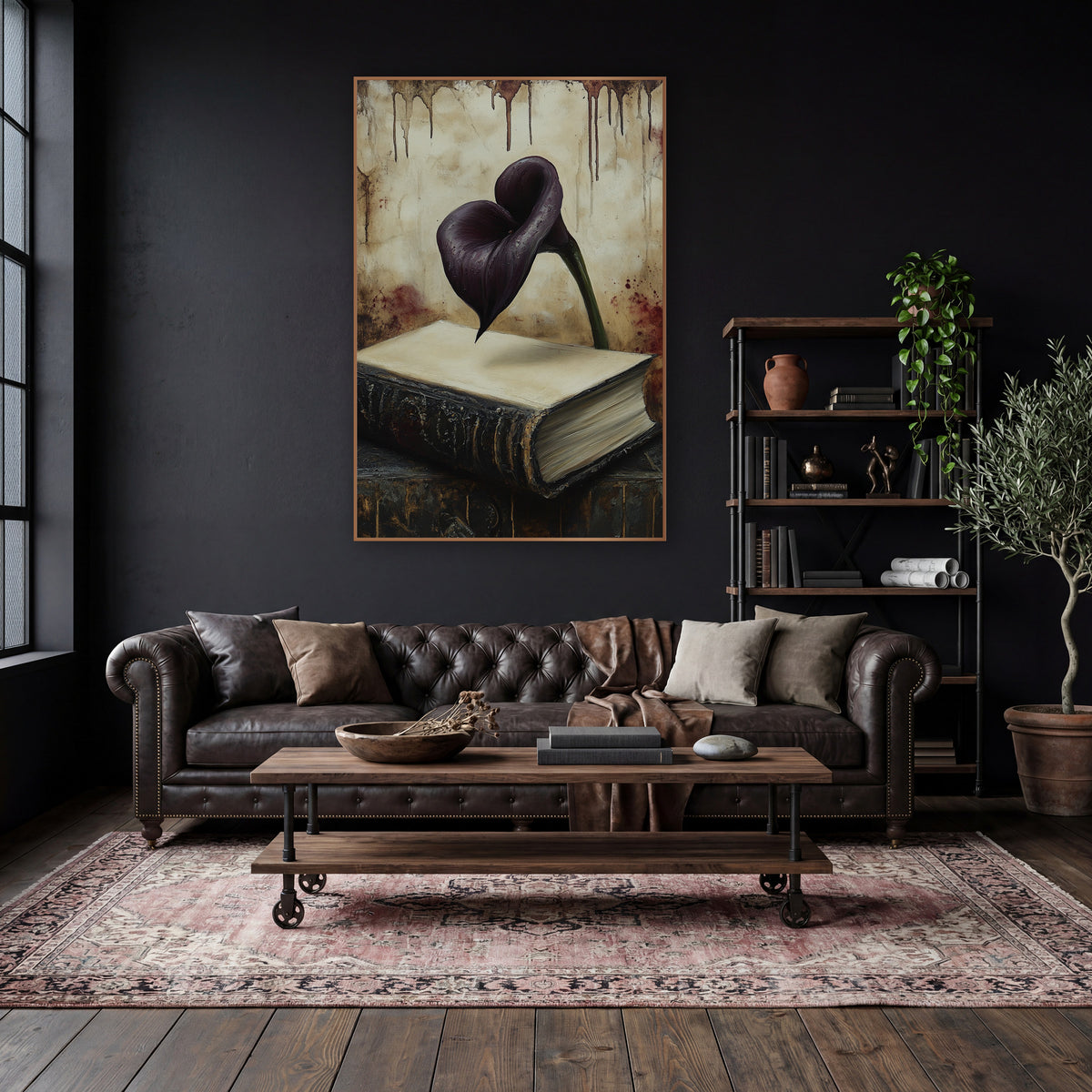 Floating Calla Over Folio Gothic wall art in a moody dark academia room – dark purple calla lily above a worn black
