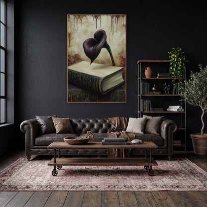 Floating Calla Over Folio Gothic wall art in a moody dark academia room – dark purple calla lily above a worn black
