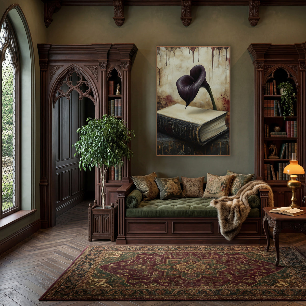 Floating Calla Over Folio Gothic wall art in a moody dark academia room – dark purple calla lily above a worn black