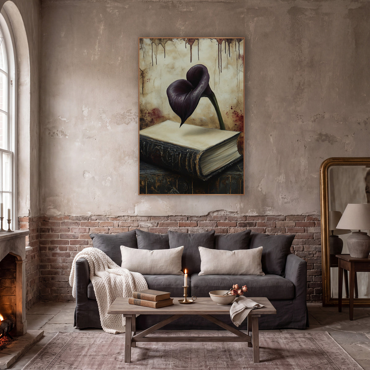 Floating Calla Over Folio Gothic wall art in a moody dark academia room – dark purple calla lily above a worn black