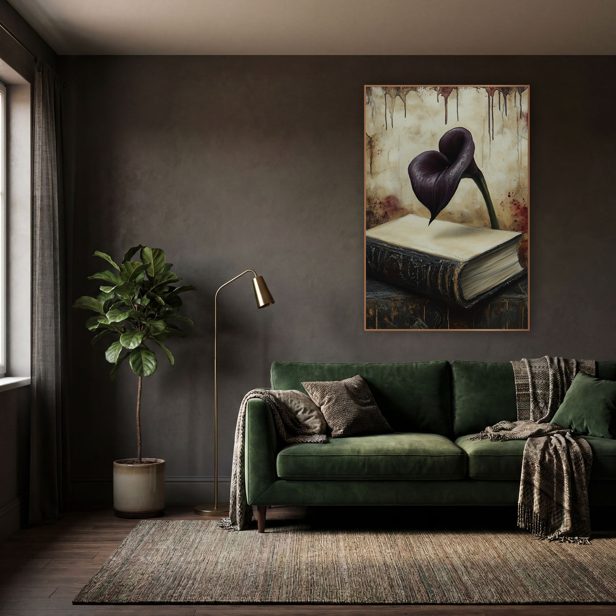 Floating Calla Over Folio Gothic wall art in a moody dark academia room – dark purple calla lily above a worn black