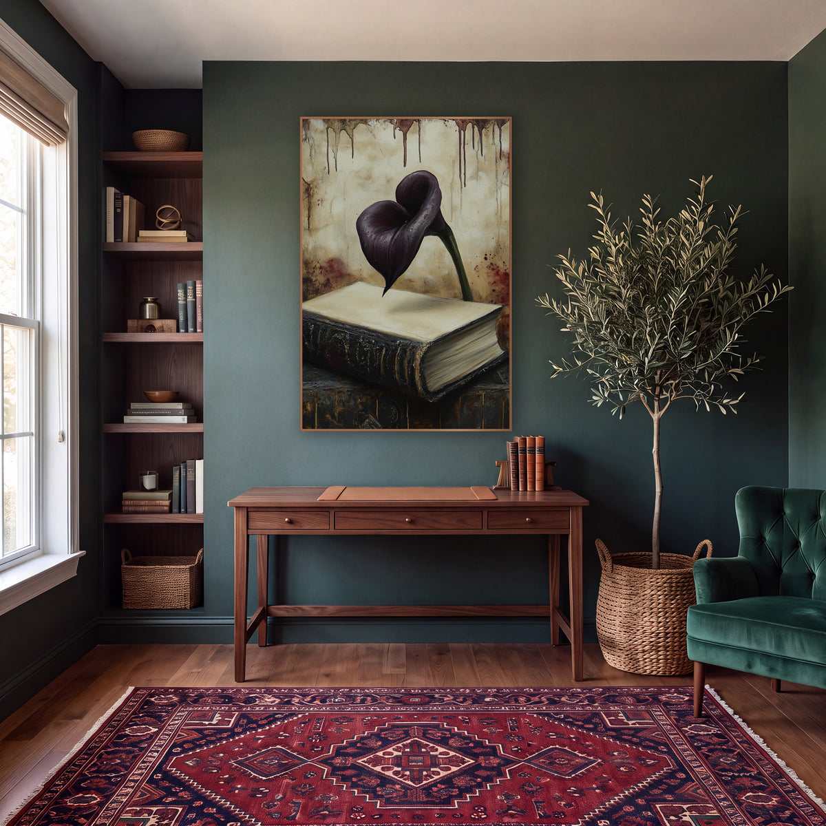 Floating Calla Over Folio Gothic wall art in a moody dark academia room – dark purple calla lily above a worn black