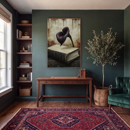 Floating Calla Over Folio Gothic wall art in a moody dark academia room – dark purple calla lily above a worn black