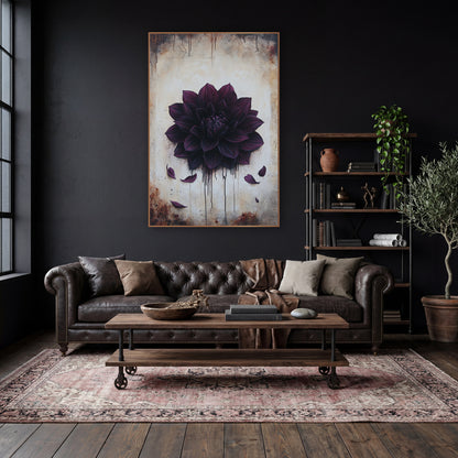Midnight Plum Dahlia Gothic Botanical wall art in a moody dark academia room – large dark plum dahlia with fallen