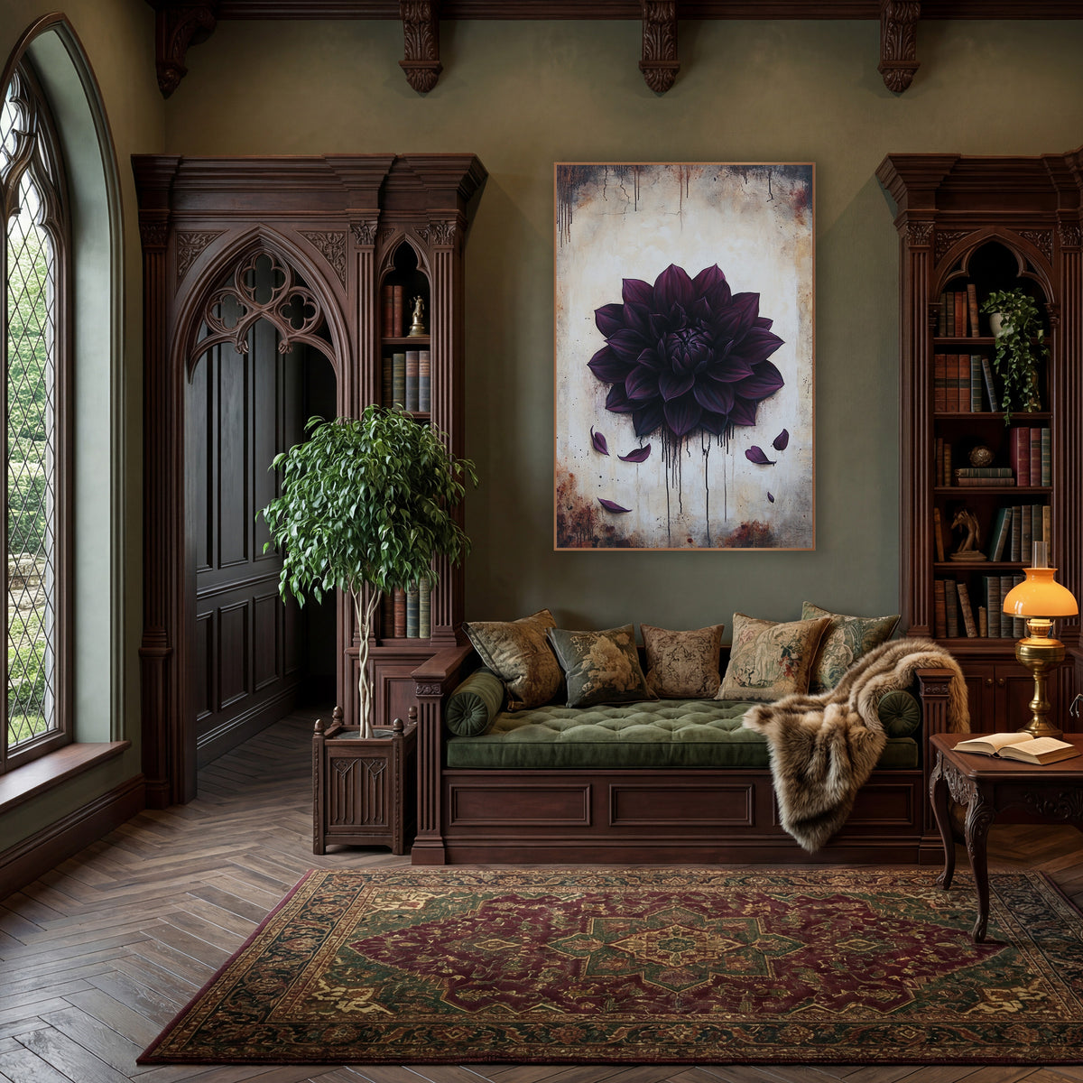 Midnight Plum Dahlia Gothic Botanical wall art in a moody dark academia room – large dark plum dahlia with fallen