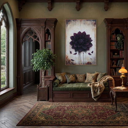 Midnight Plum Dahlia Gothic Botanical wall art in a moody dark academia room – large dark plum dahlia with fallen
