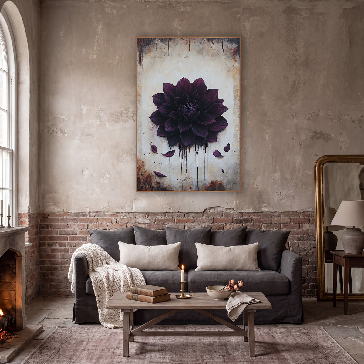 Midnight Plum Dahlia Gothic Botanical wall art in a moody dark academia room – large dark plum dahlia with fallen