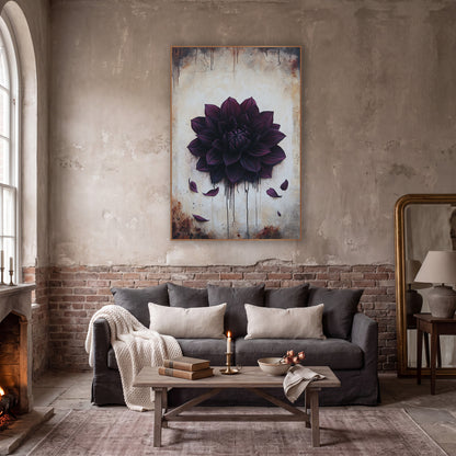 Midnight Plum Dahlia Gothic Botanical wall art in a moody dark academia room – large dark plum dahlia with fallen