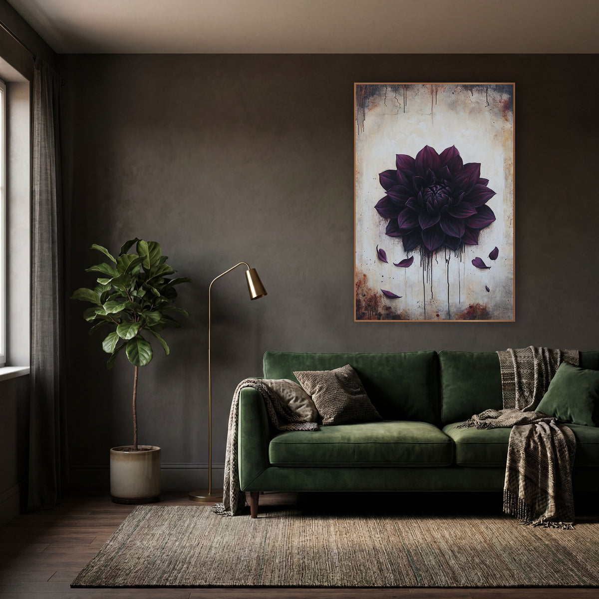 Midnight Plum Dahlia Gothic Botanical wall art in a moody dark academia room – large dark plum dahlia with fallen