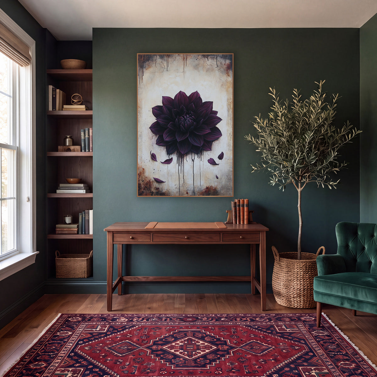 Midnight Plum Dahlia Gothic Botanical wall art in a moody dark academia room – large dark plum dahlia with fallen