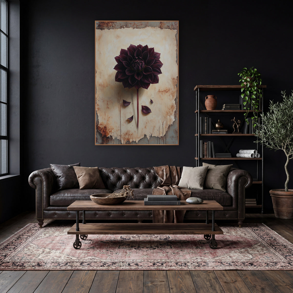 Dark Burgundy Dahlia Botanical Study wall art in a moody dark academia room – dark burgundy dahlia with long stem