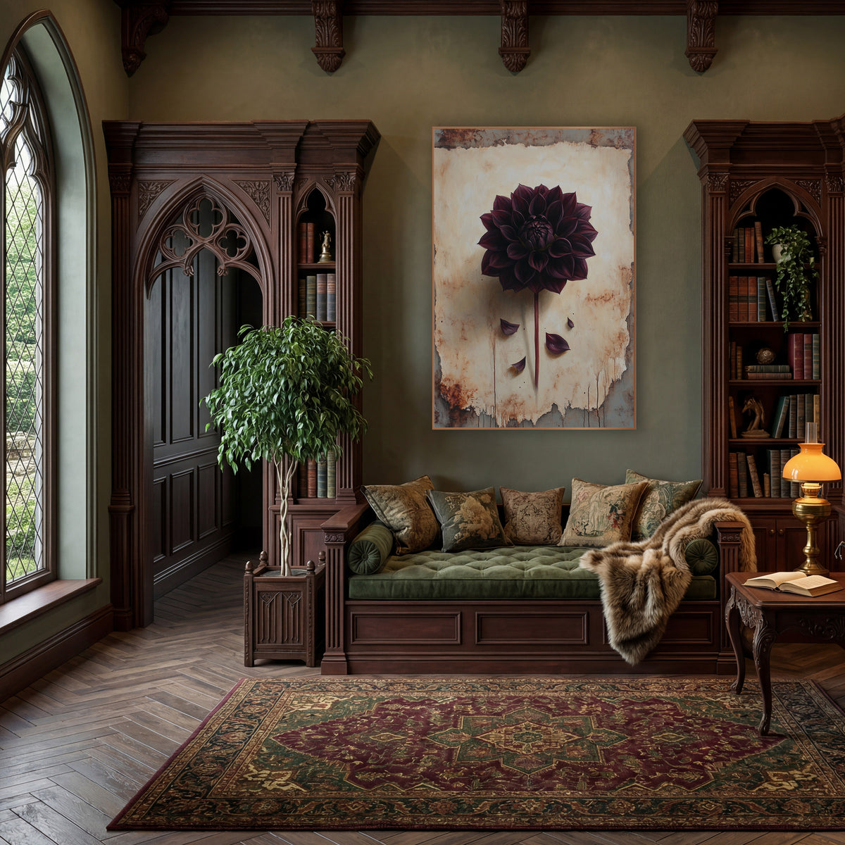 Dark Burgundy Dahlia Botanical Study wall art in a moody dark academia room – dark burgundy dahlia with long stem