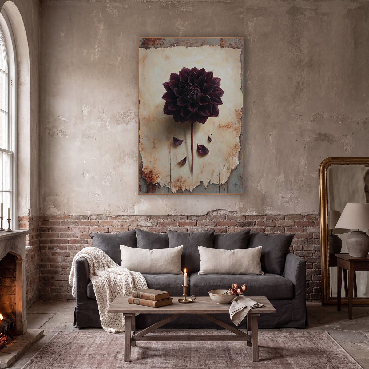 Dark Burgundy Dahlia Botanical Study wall art in a moody dark academia room – dark burgundy dahlia with long stem