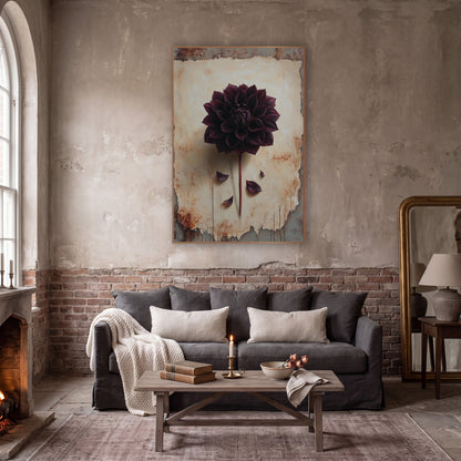 Dark Burgundy Dahlia Botanical Study wall art in a moody dark academia room – dark burgundy dahlia with long stem
