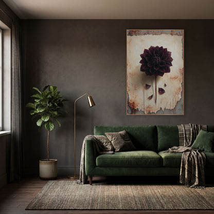 Dark Burgundy Dahlia Botanical Study wall art in a moody dark academia room – dark burgundy dahlia with long stem