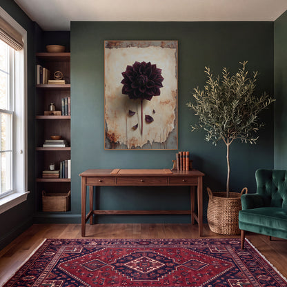 Dark Burgundy Dahlia Botanical Study wall art in a moody dark academia room – dark burgundy dahlia with long stem