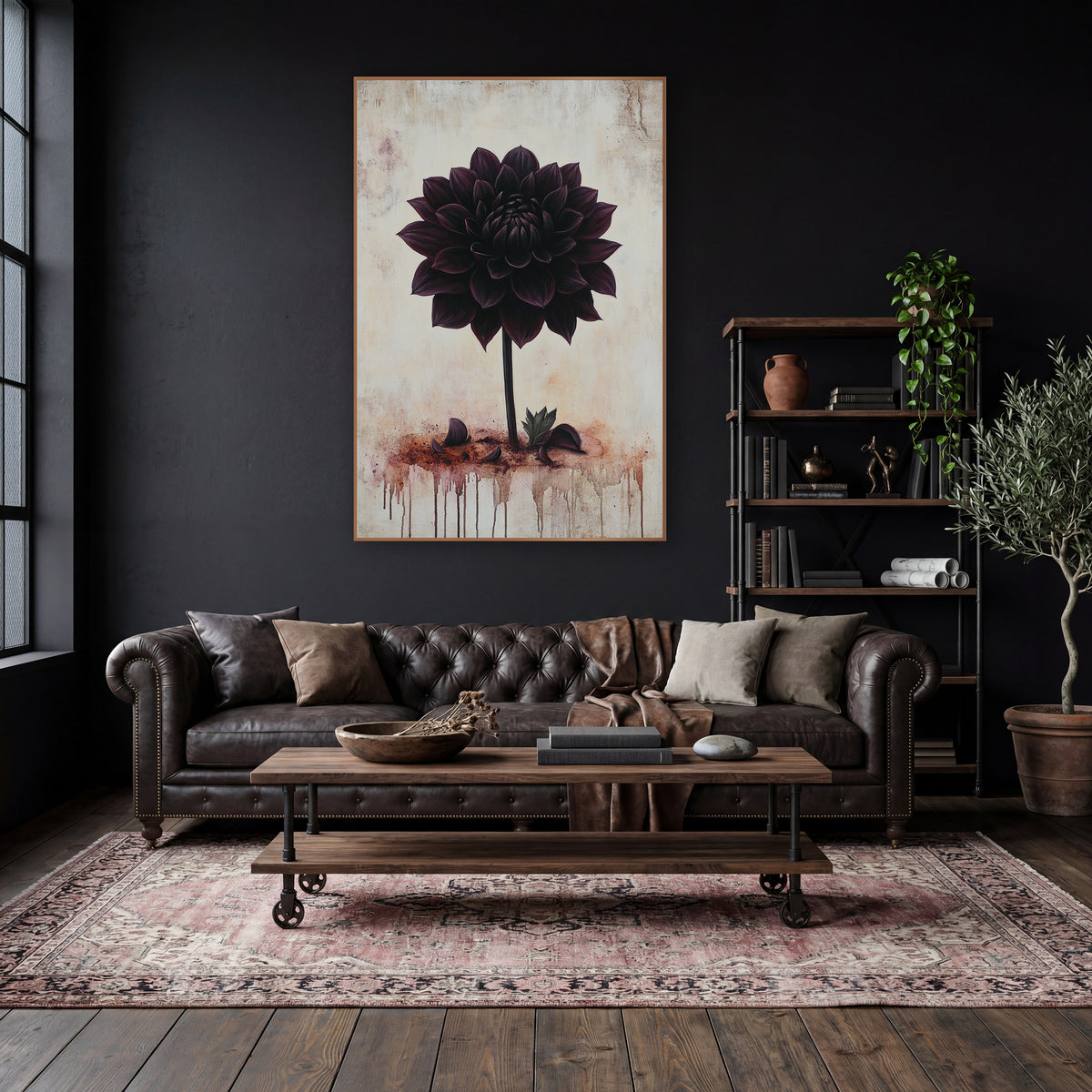 Black Dahlia Moody Botanical wall art in a moody dark academia room – single black dahlia in deep plum on a cracked