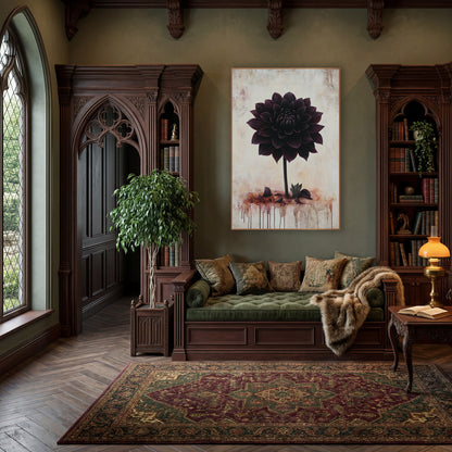 Black Dahlia Moody Botanical wall art in a moody dark academia room – single black dahlia in deep plum on a cracked